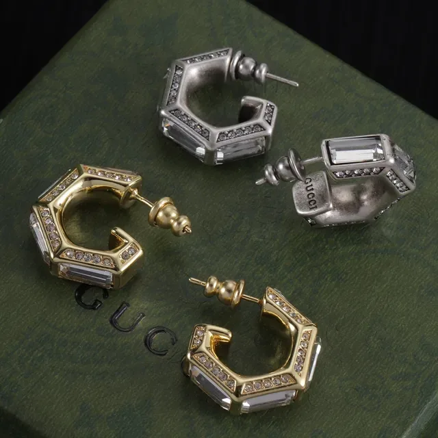 Gucci Silver Gold Geometric Octagonal Hoops Faceted Metal Edges Earrings 7