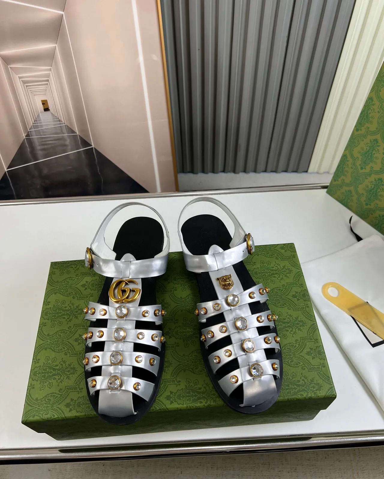 Gucci Silver Gold Metallic Straps Lion Head Ornament Gladiator Sandals 2
