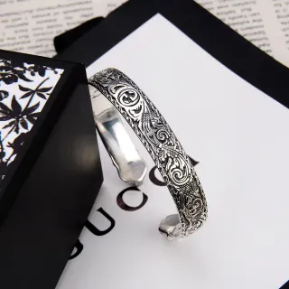 Gucci Silver Ornate Relief-Carved Open Cuff Jewelry