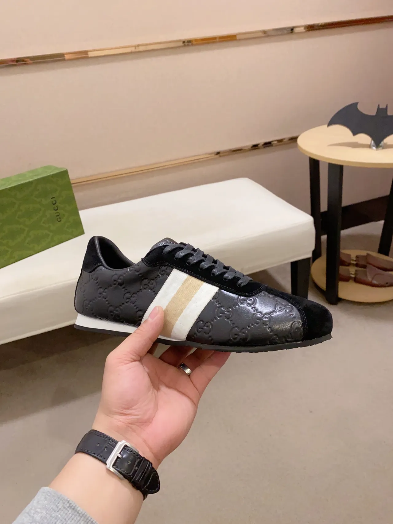 Gucci Tennis 1977 Black Embossed Leather and Suede Lifestyle Sneaker 4