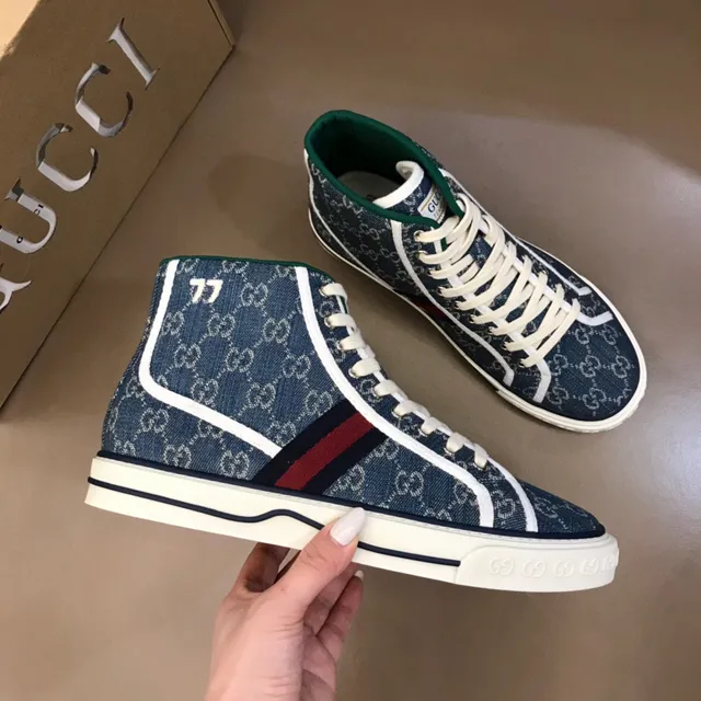 Gucci Tennis 1977 GG Monogram Denim Blue High-Top Lifestyle Sneakers 6