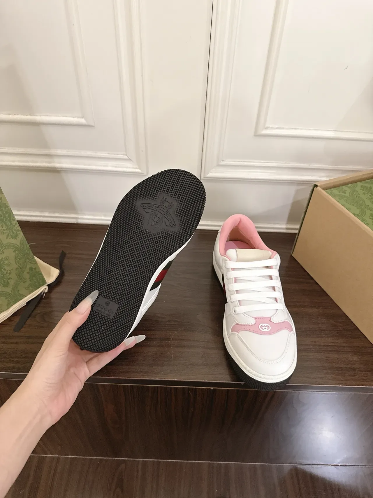 Gucci Tennis 1977 White and Pink Web Stripe Lifestyle Sneakers 2