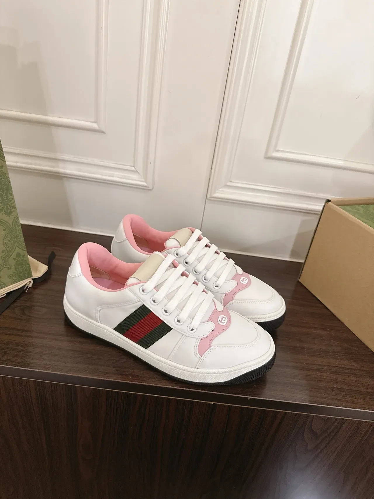 Gucci Tennis 1977 White and Pink Web Stripe Lifestyle Sneakers 5