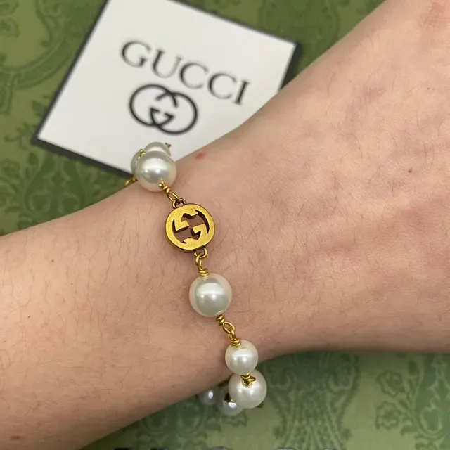 Gucci White Gold Pearl Strand Chain Bracelet 5