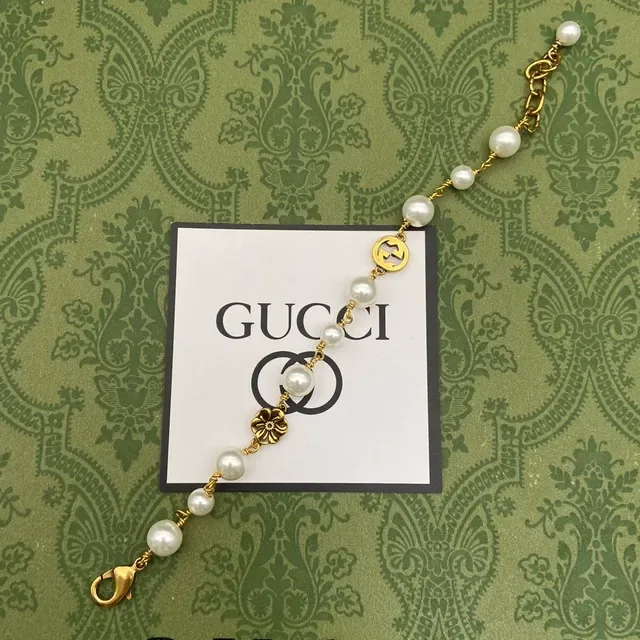 Gucci White Gold Pearl Strand Chain Bracelet 6