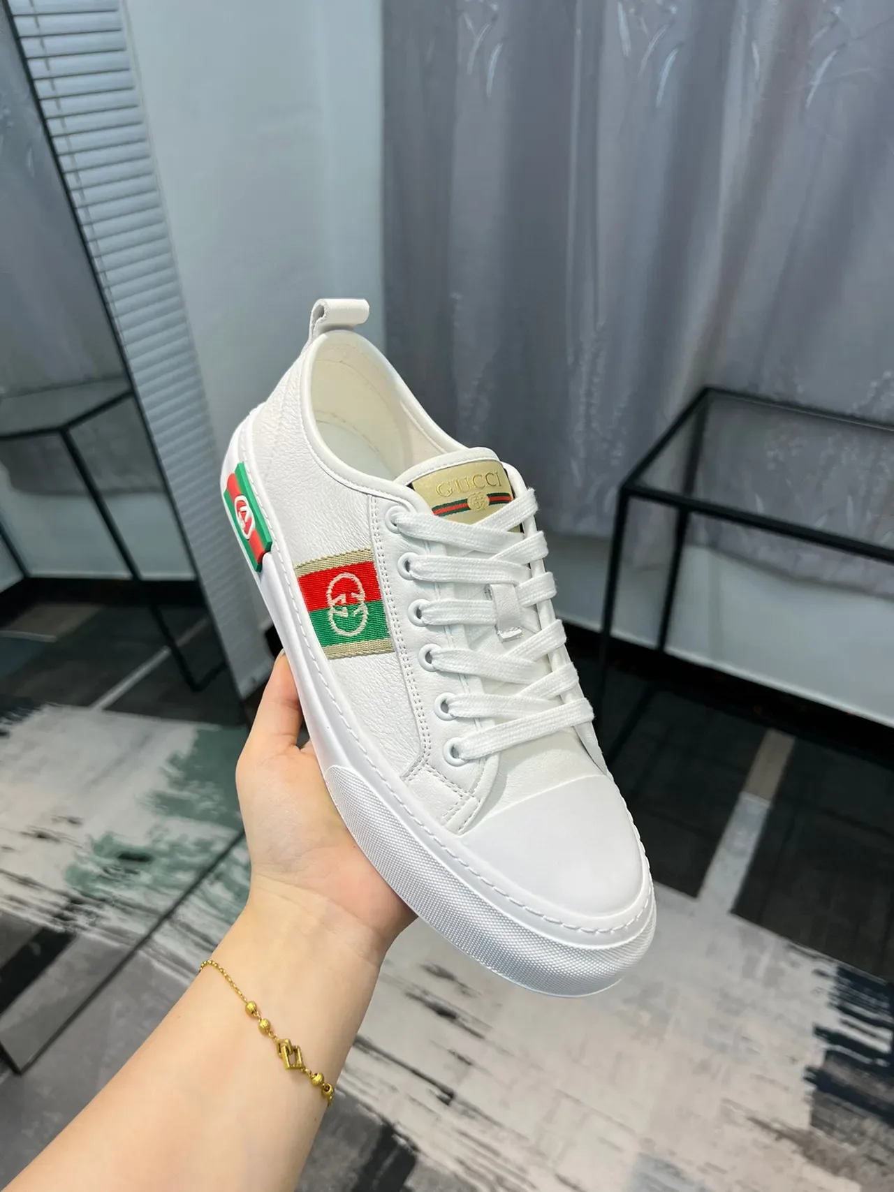 Gucci White Green Leather Upper Web Stripe Side Panel Lifestyle Sneakers 6