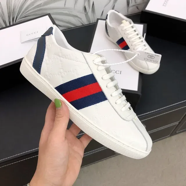 Gucci White Navy Embossed GG Monogram Web Stripe Detail Lifestyle Sneakers 2