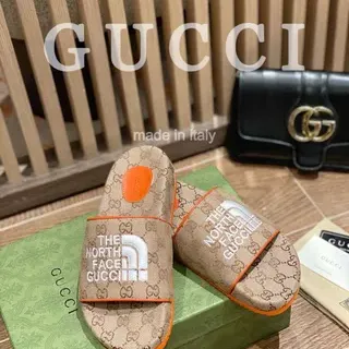 Gucci x The North Face GG Monogram Orange-Trim Slippers