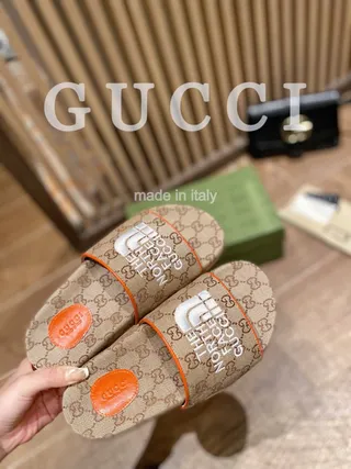 Gucci x The North Face GG Monogram Orange-Trim Slippers 6