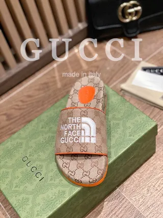 Gucci x The North Face GG Monogram Orange-Trim Slippers 8