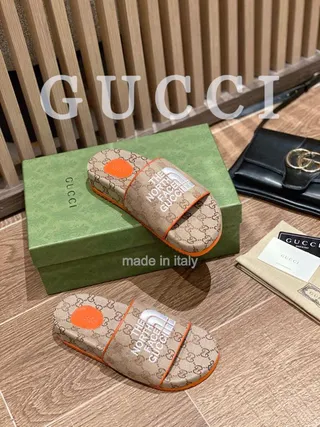 Gucci x The North Face GG Monogram Orange-Trim Slippers 9