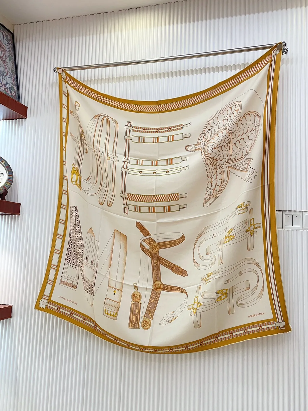 Hermès Beige Brown Herringbone Weave Geometric Striped Border Silk Scarf 6