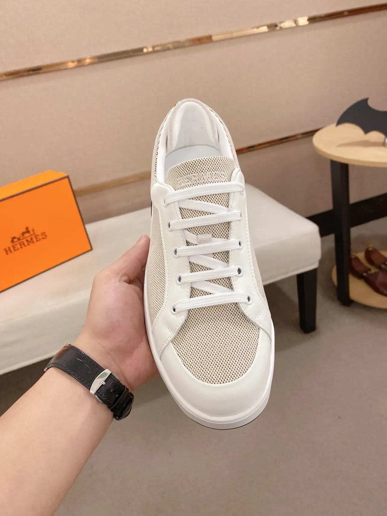 Hermès Beige Mesh and White Leather Low-Top Sneaker 5
