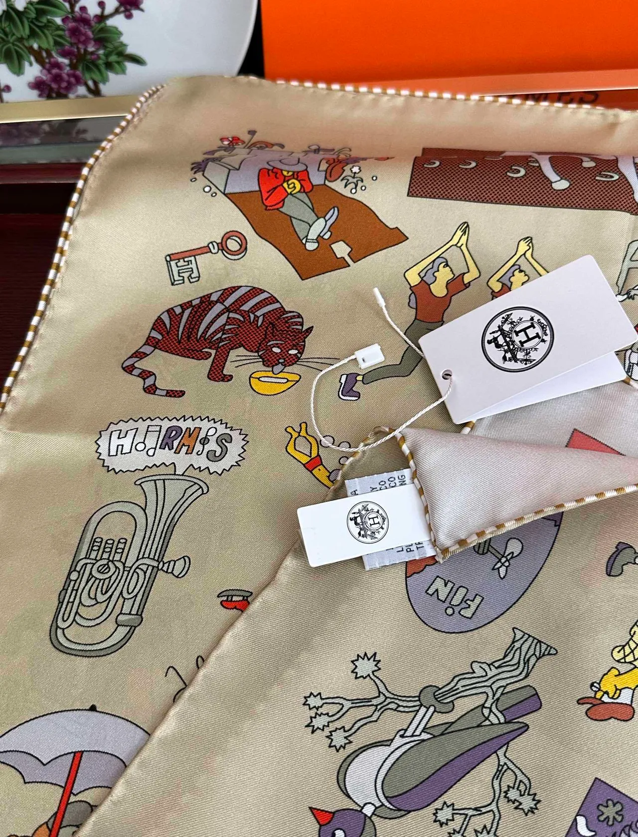 Hermès Beige Multicolor Illustrated Narrative Print Base Silk Scarf 4