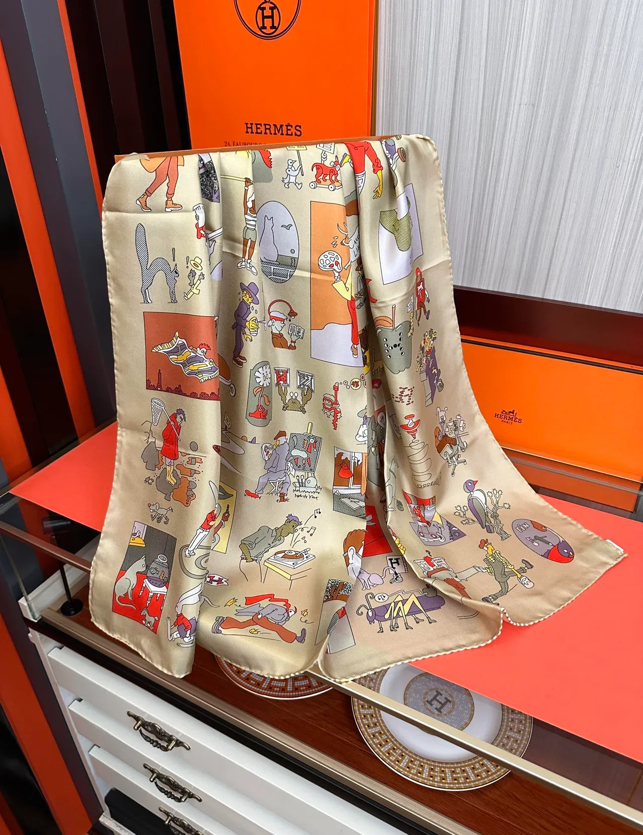 Hermès Beige Multicolor Illustrated Narrative Print Base Silk Scarf 5