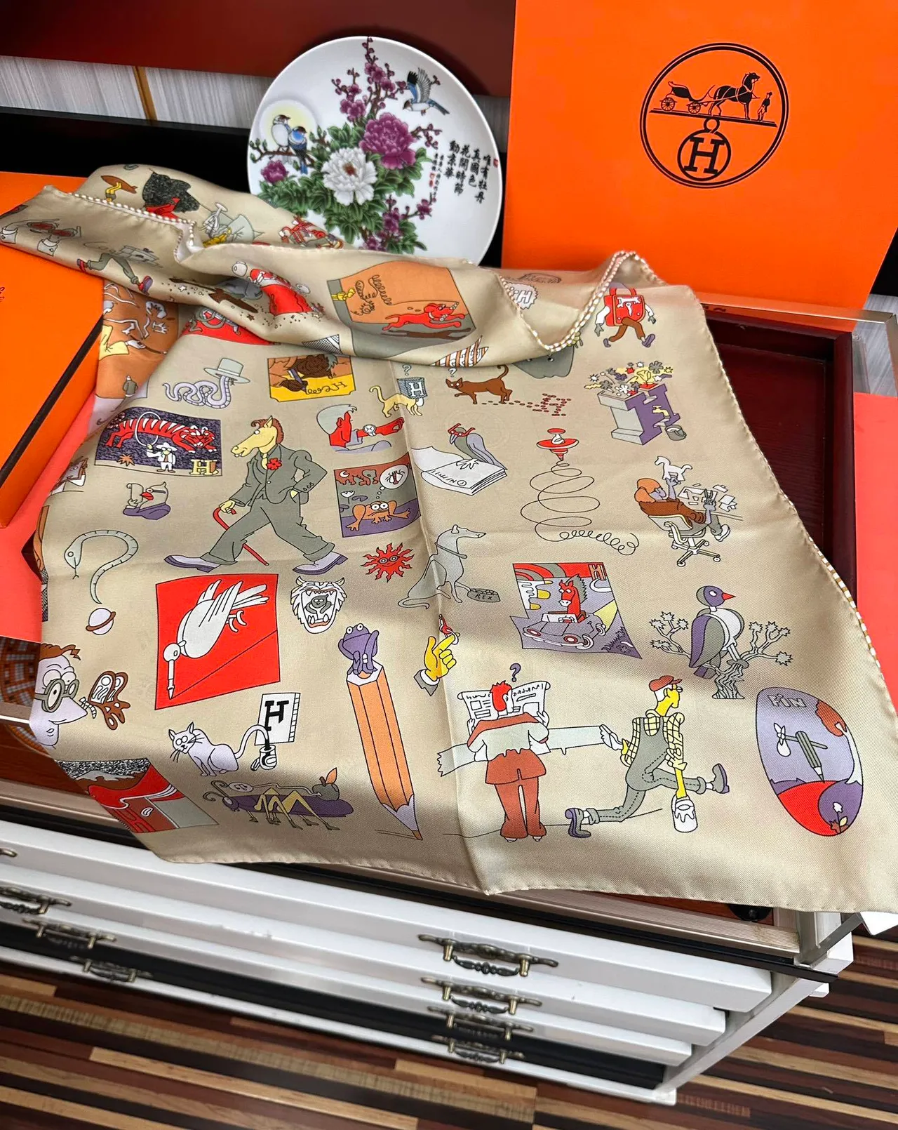 Hermès Beige Multicolor Illustrated Narrative Print Base Silk Scarf 8