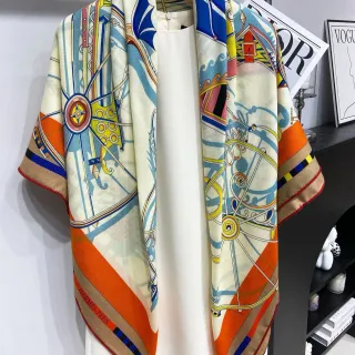 Hermès भूरा नारंगी दोहरी ट्विल चित्रमय सवार पैटर्न रेशम दुपट्टा