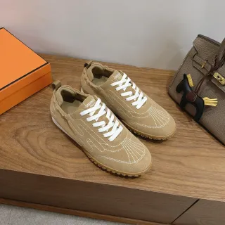 Hermès Beige White Suede Upper Contrast Stitching Lifestyle Sneakers