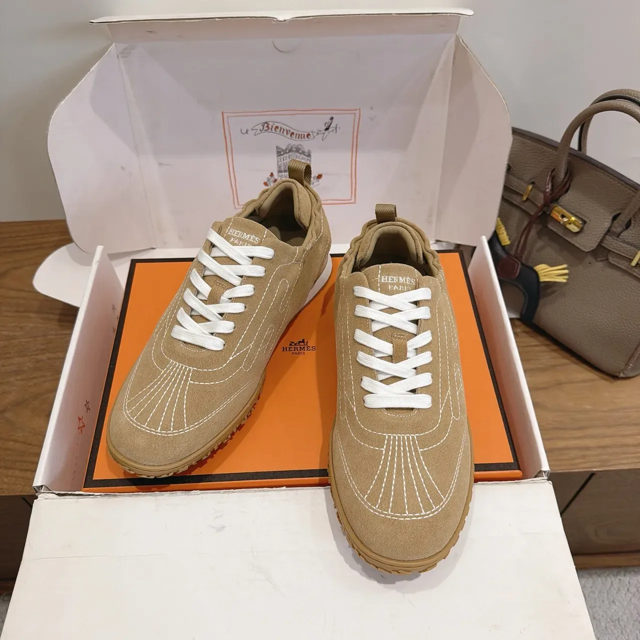 Hermès Beige White Suede Upper Contrast Stitching Lifestyle Sneakers 5