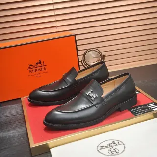 Hermès Black Beige Leather Metal H-Buckle Loafer