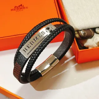Hermès Pulsera de Cuero Trenzada Negro Marrón Doble Envoltura