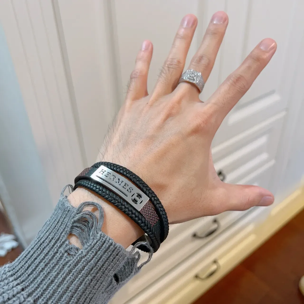 Hermès Pulseira de Couro Trançada Preto Marrom Dupla Enrolamento 2