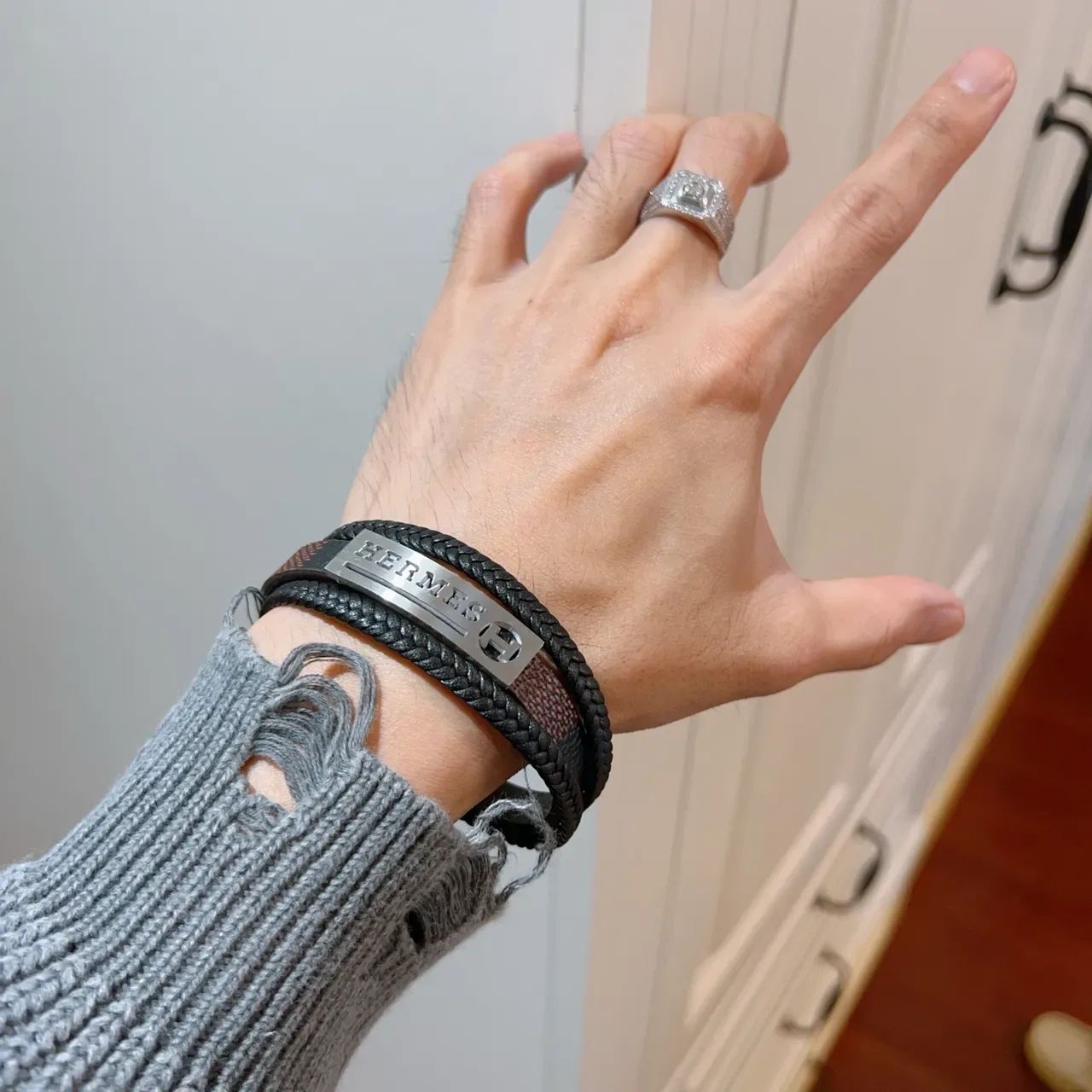 Hermès Pulseira de Couro Trançada Preto Marrom Dupla Enrolamento 5