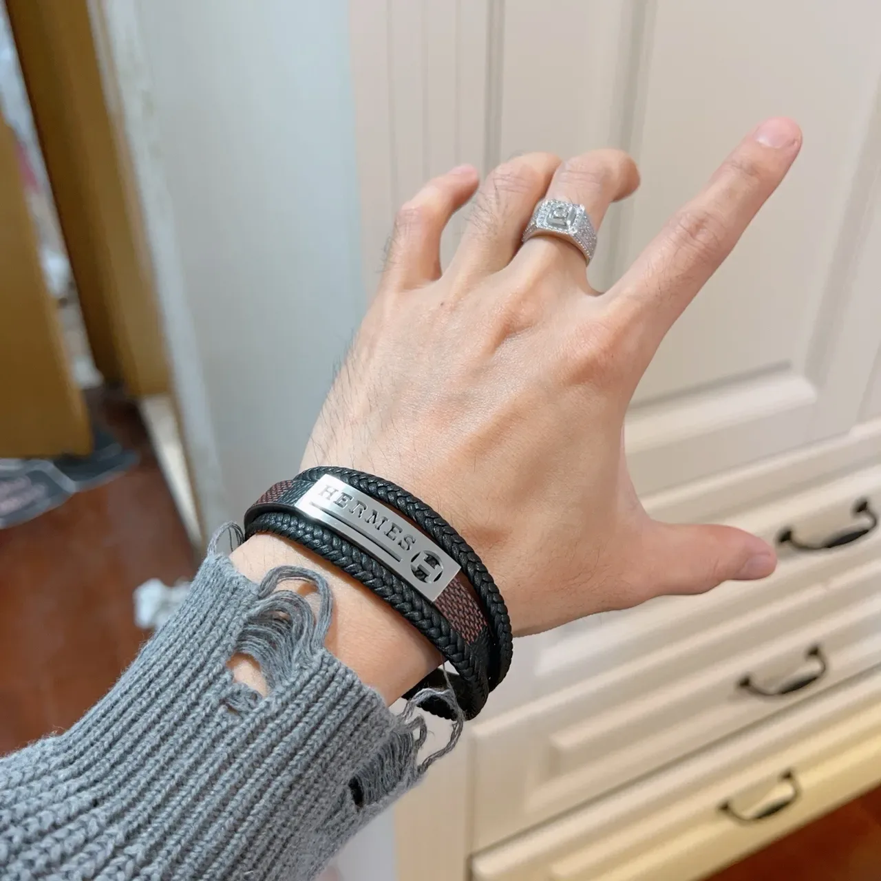 Hermès Pulseira de Couro Trançada Preto Marrom Dupla Enrolamento 8