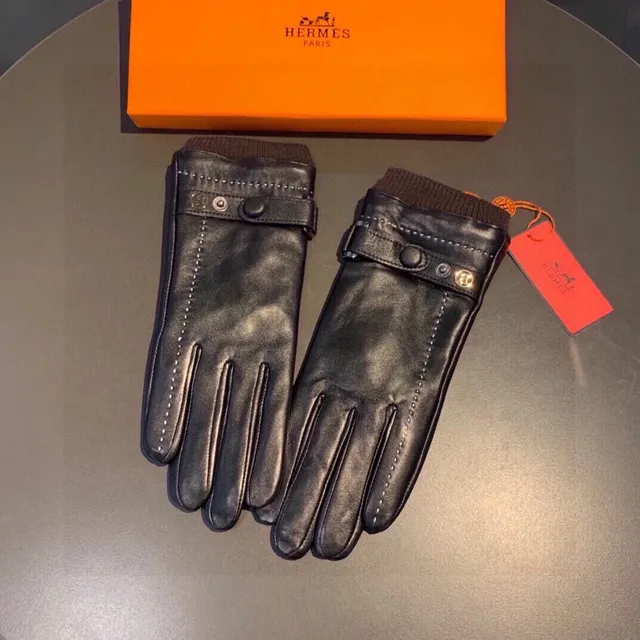 Hermès Black Brown Smooth Exterior Shearling-Lined Cuff Leather Gloves 5