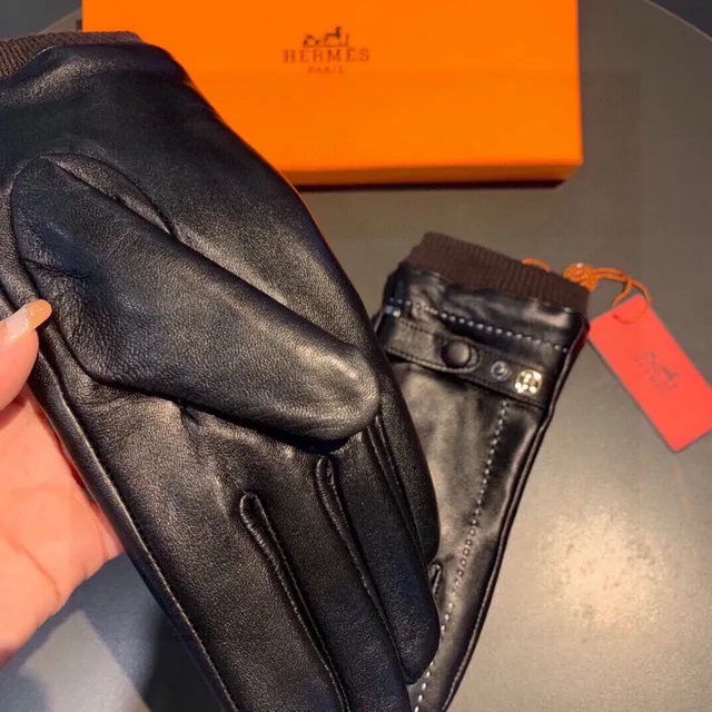 Hermès Black Brown Smooth Exterior Shearling-Lined Cuff Leather Gloves 7