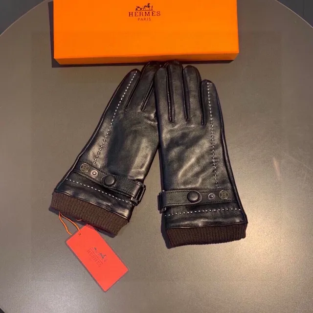 Hermès Black Brown Smooth Exterior Shearling-Lined Cuff Leather Gloves 9