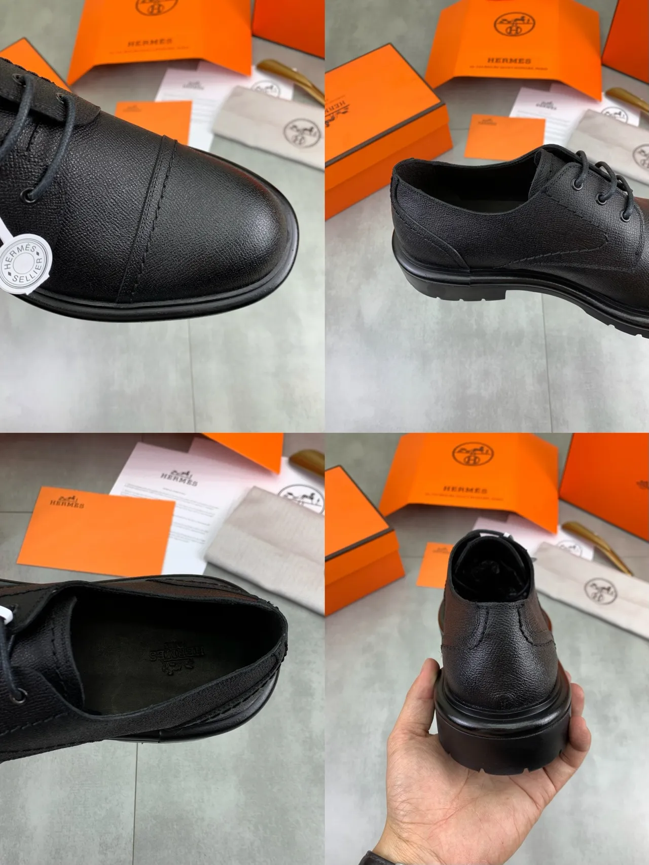 Hermès কালো ক্যাপ-টো টেক্সচার্ড লেদার অক্সফোর্ড শু 2