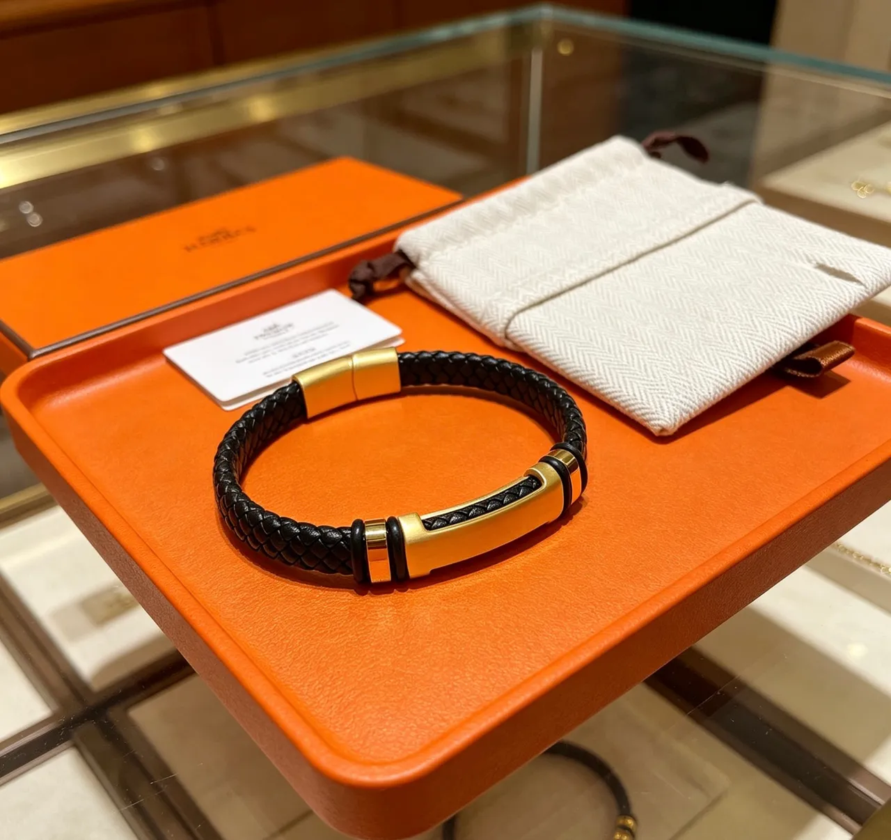 Hermès Black Gold Braided Leather Hardware Bracelet 3