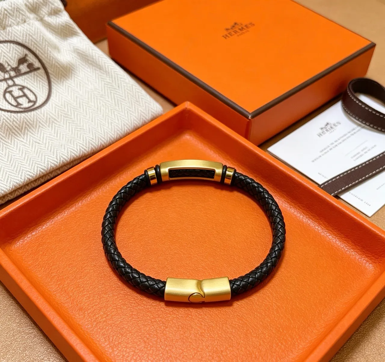 Hermès Black Gold Braided Leather Hardware Bracelet 4