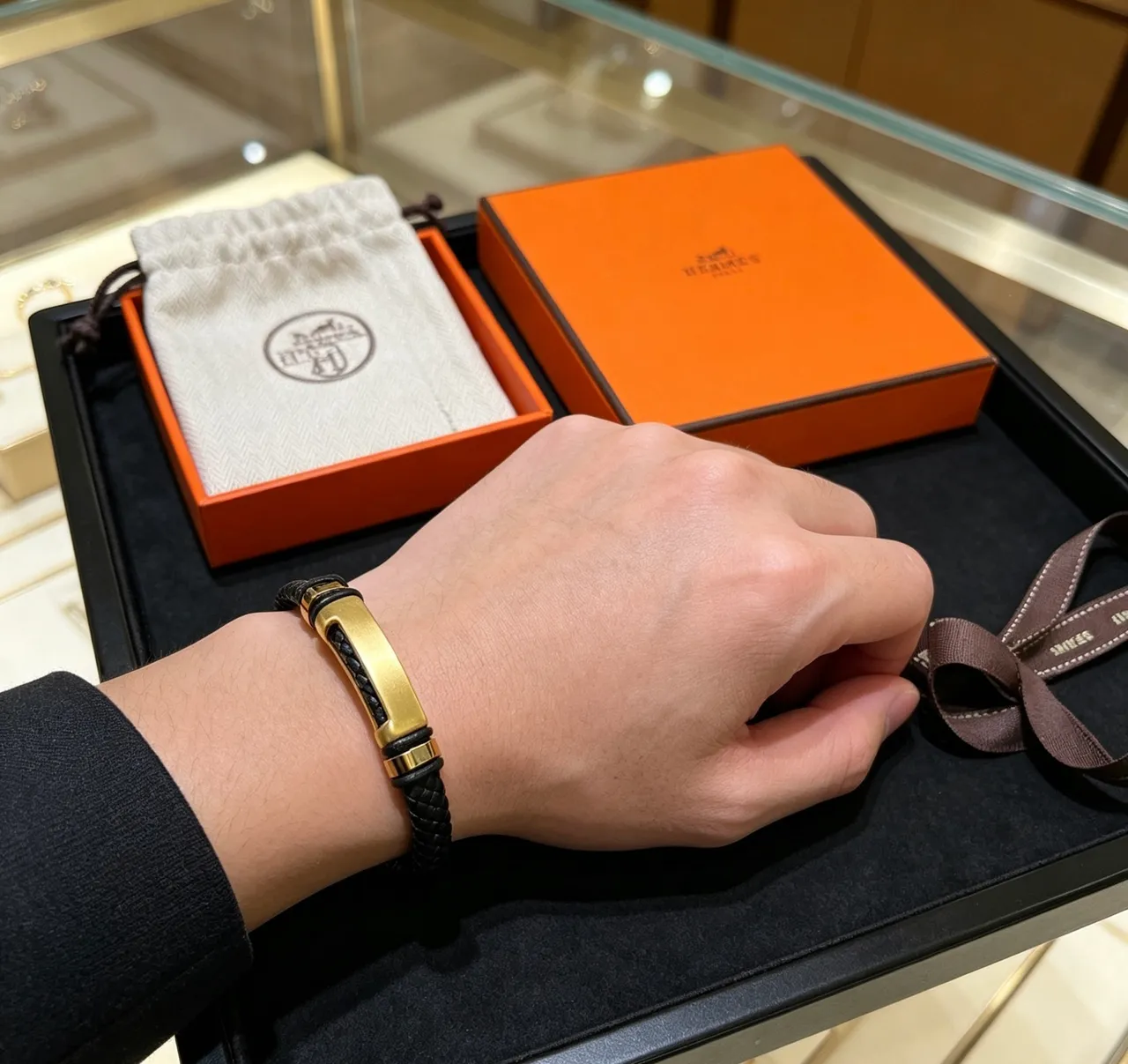 Hermès Black Gold Braided Leather Hardware Bracelet 5