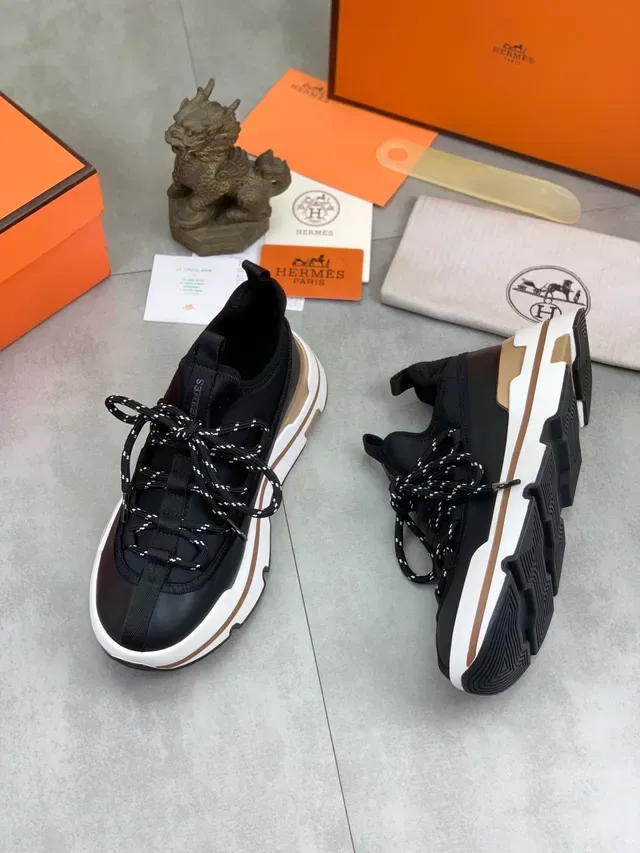 Hermès Black Neoprene Strap-Lace Chunky Platform Sneaker 5