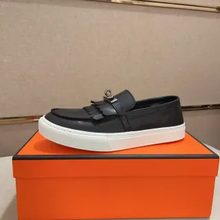 Hermès Black White Leather Fringed Strap Loafer