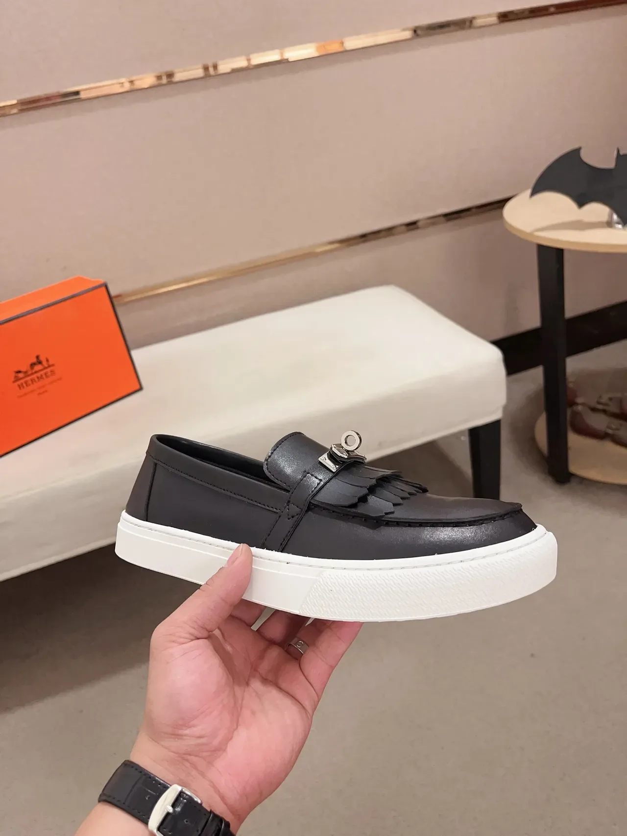 Hermès Black White Leather Fringed Strap Loafer 4
