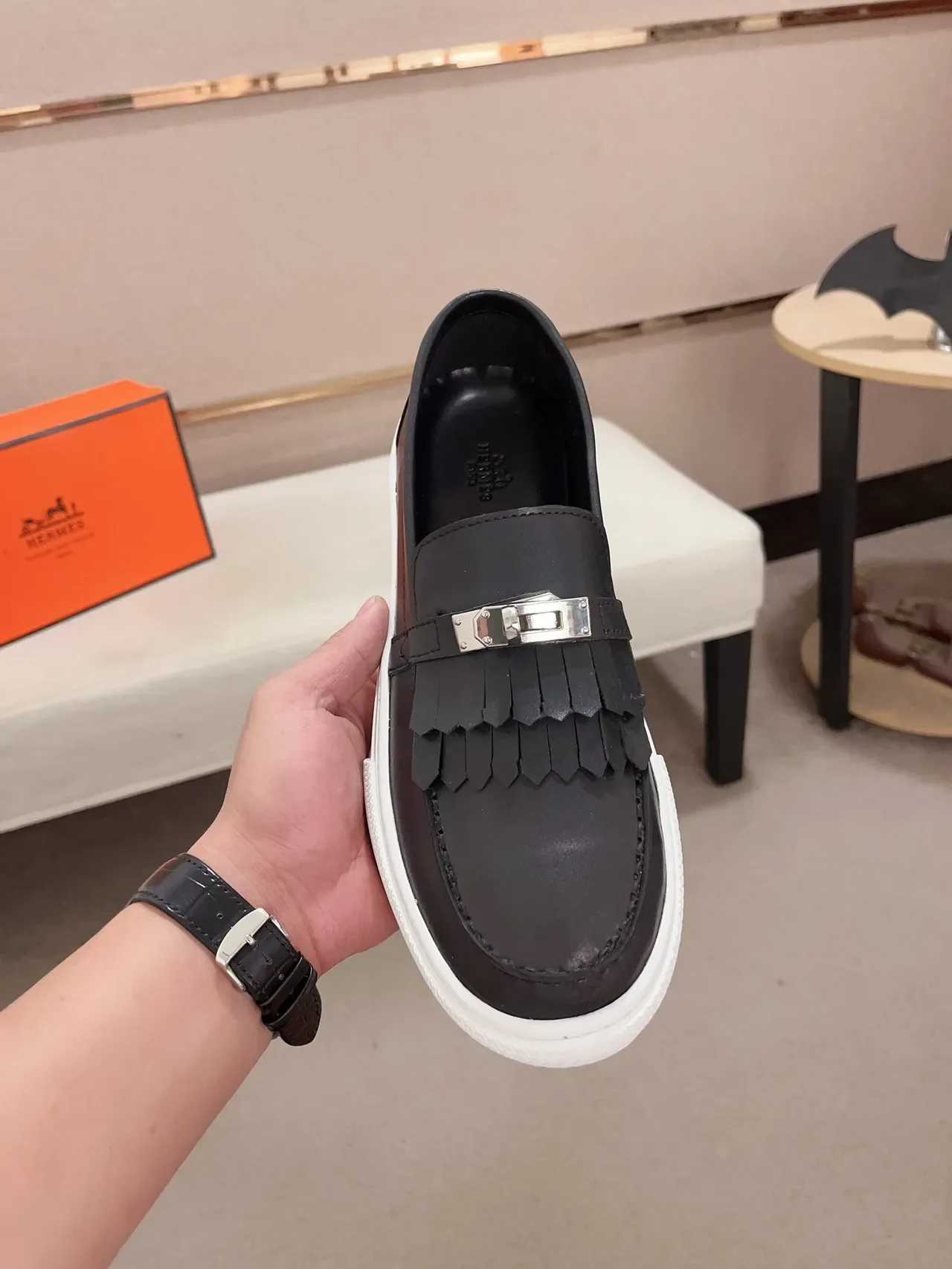 Hermès Black White Leather Fringed Strap Loafer 5