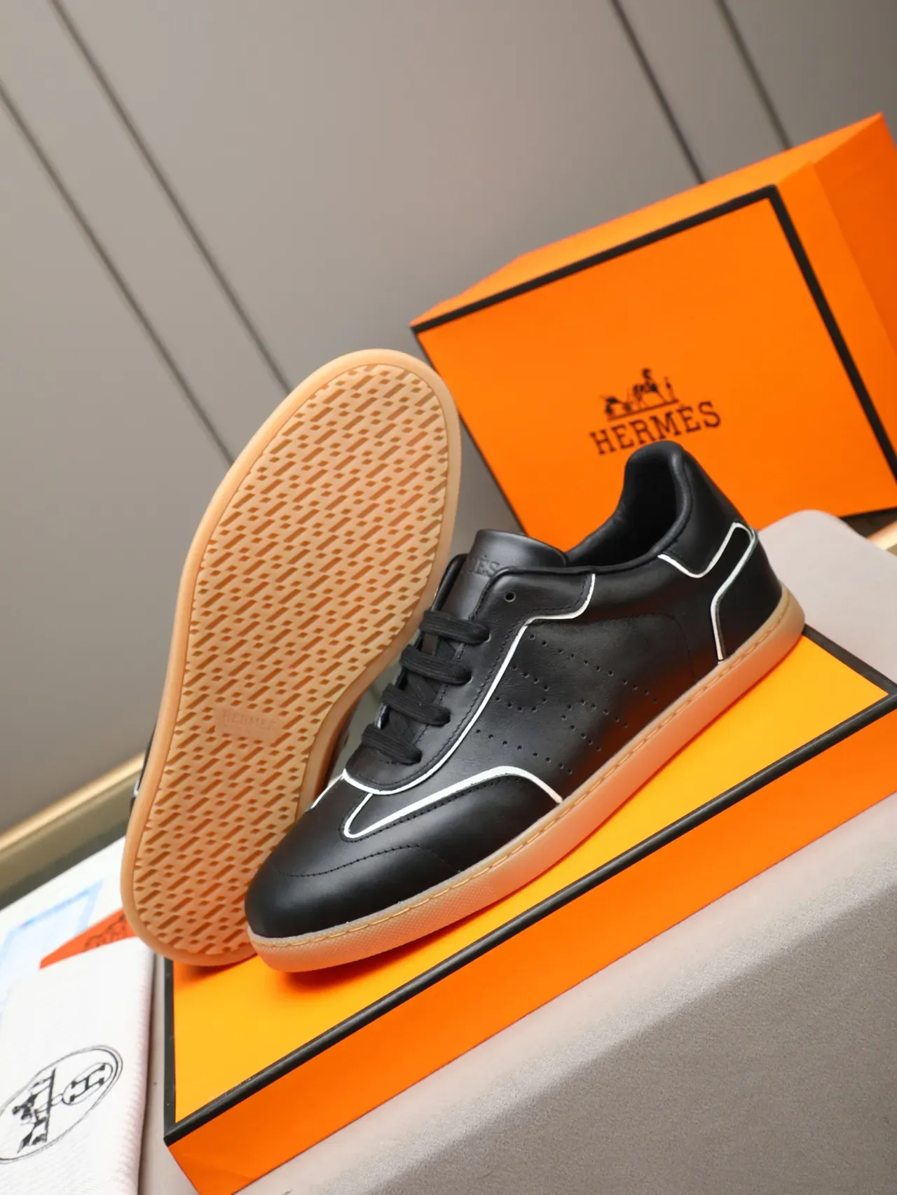 Hermès Black White Leather Upper Perforated Panel Sneakers 4