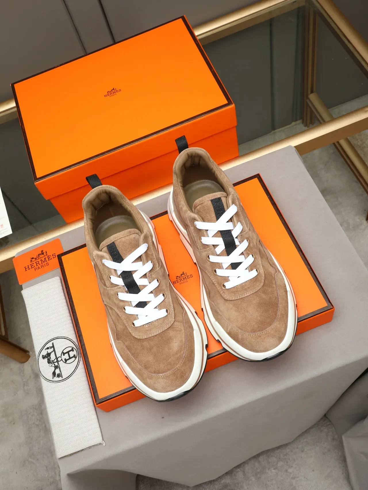Hermès Brown Beige Suede Upper Layered Chunky Sole Sneakers 2