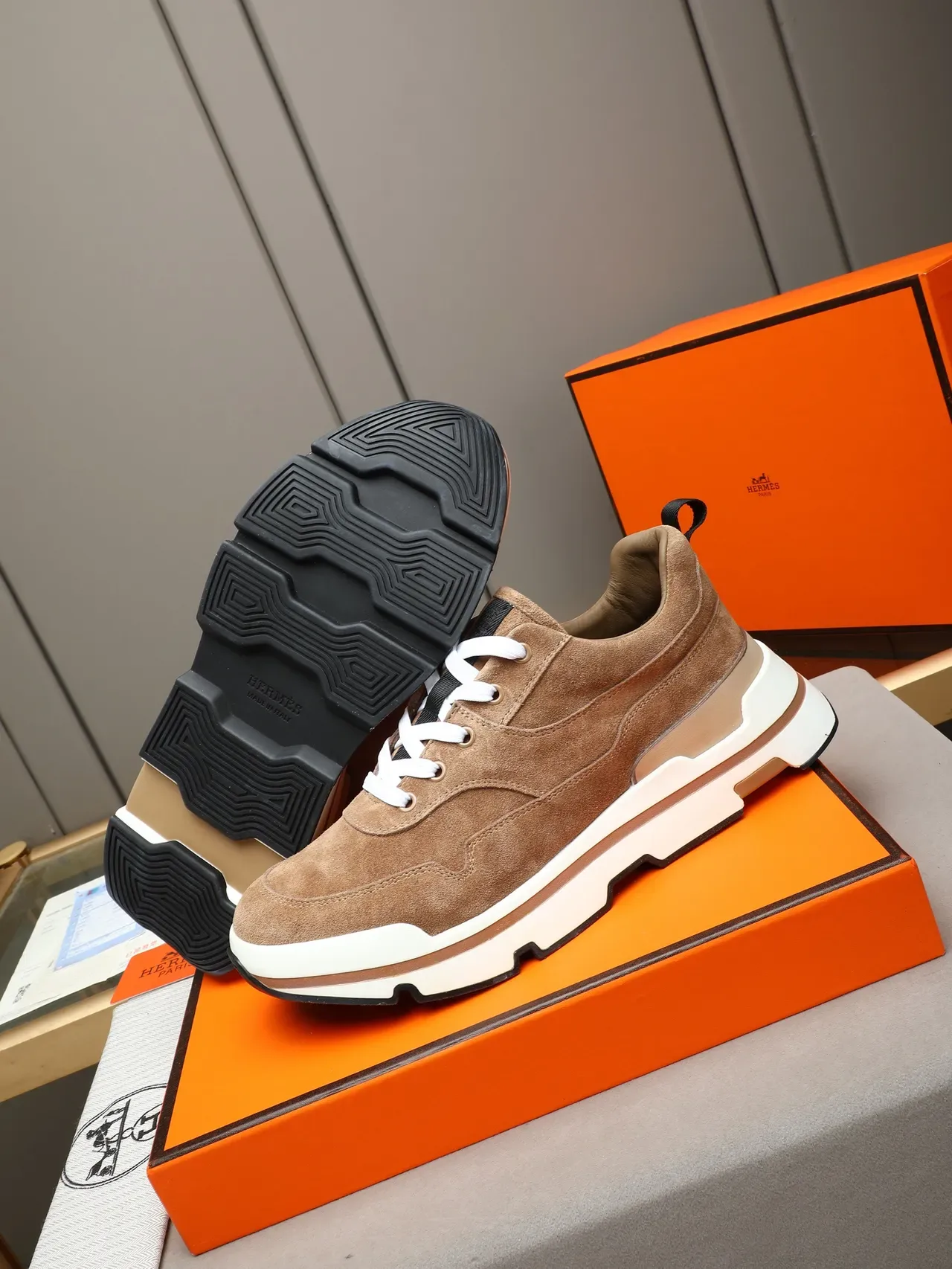 Hermès Brown Beige Suede Upper Layered Chunky Sole Sneakers 4