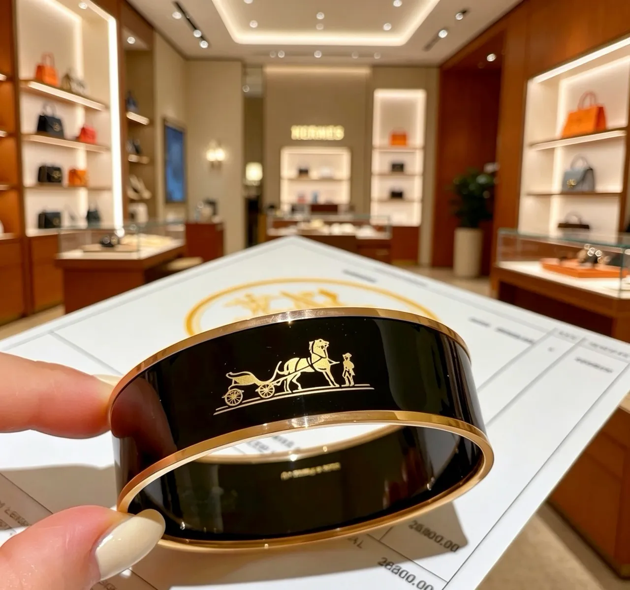 Hermès Caleche Black Gold Rigid Bangle Enamel Bracelet 7