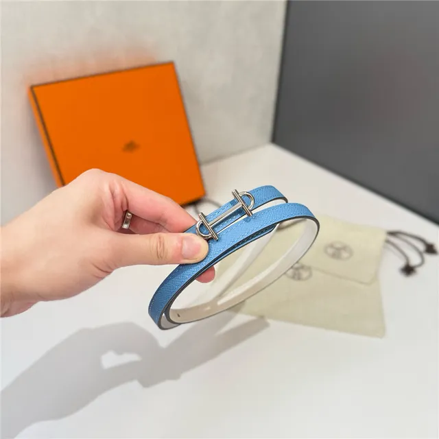 Hermès Chaîne d’Ancre White Blue Thin T-Bar Buckle Leather Belt 14