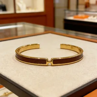 Hermès Clic H Cuir Brun et Doré Bracelet Manchette Ouvert