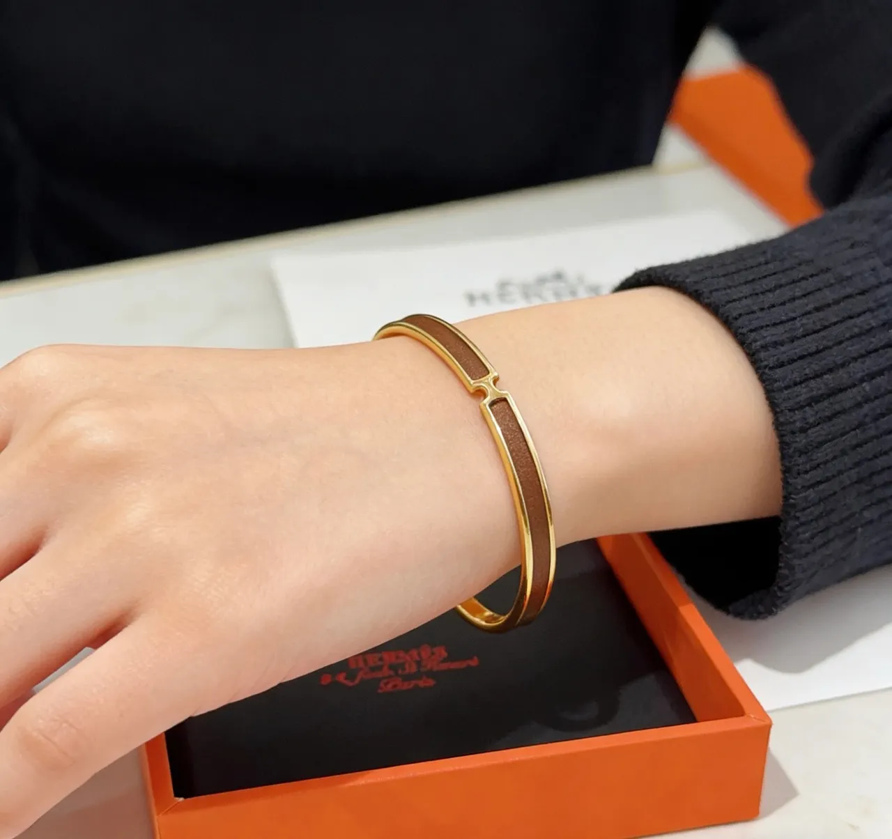 Hermès Clic H Brown Leather and Gold-Tone Open Cuff Bracelet 3