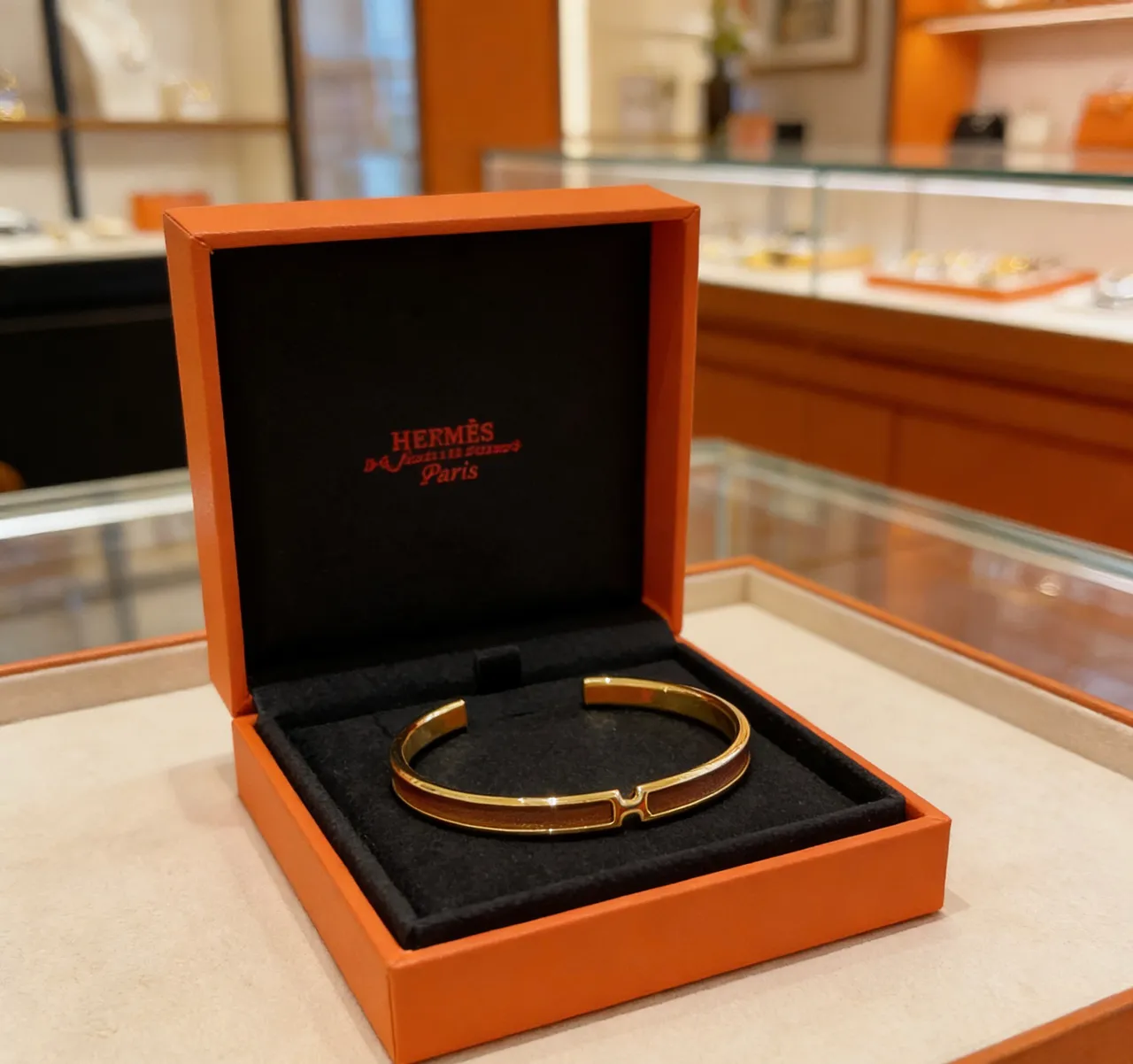Hermès Clic H Brown Leather and Gold-Tone Open Cuff Bracelet 4
