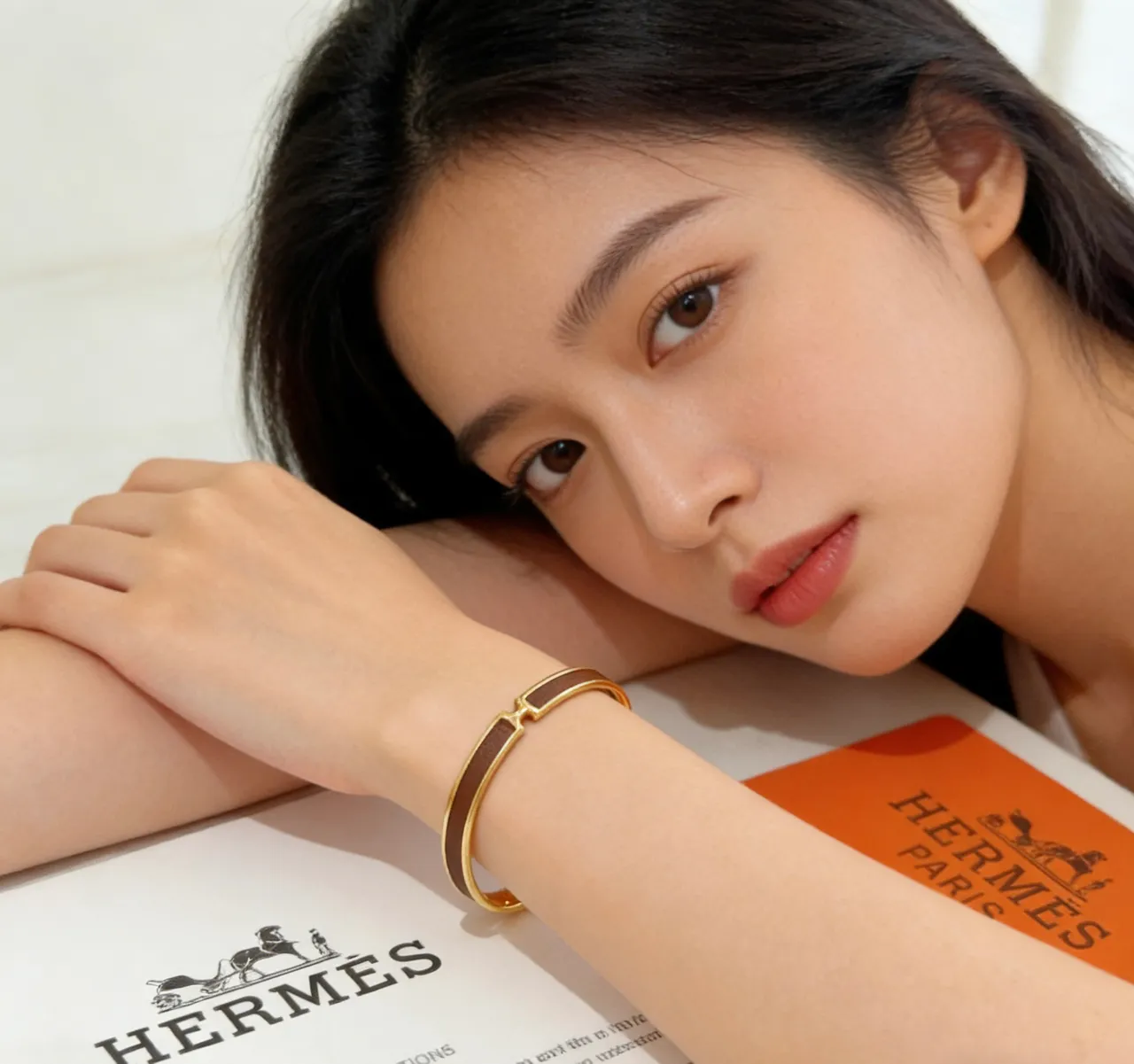 Hermès Clic H Brown Leather and Gold-Tone Open Cuff Bracelet 7
