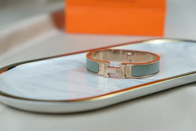 Hermès Clic H Gold Gray Rigid Bangle Closure Bracelet 6