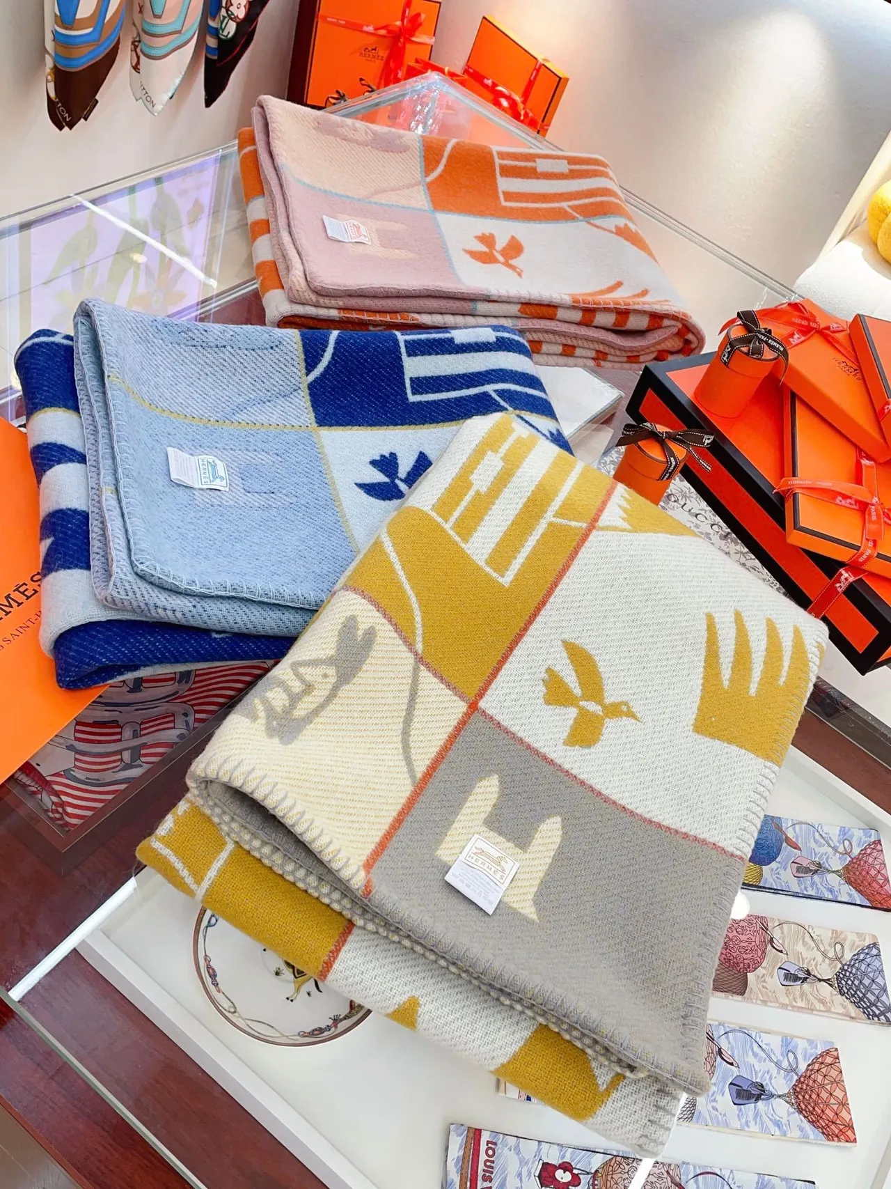 Hermès Graphic Narrative Orange and Cream Shawl 3